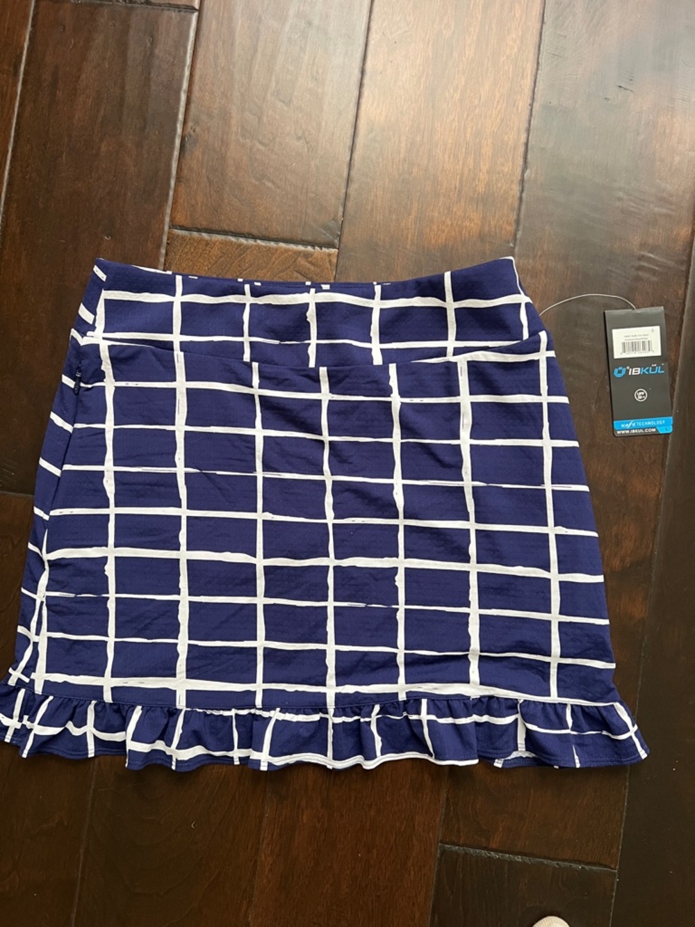IBKUL Navy and White Grid Ruffle Mini Skirt